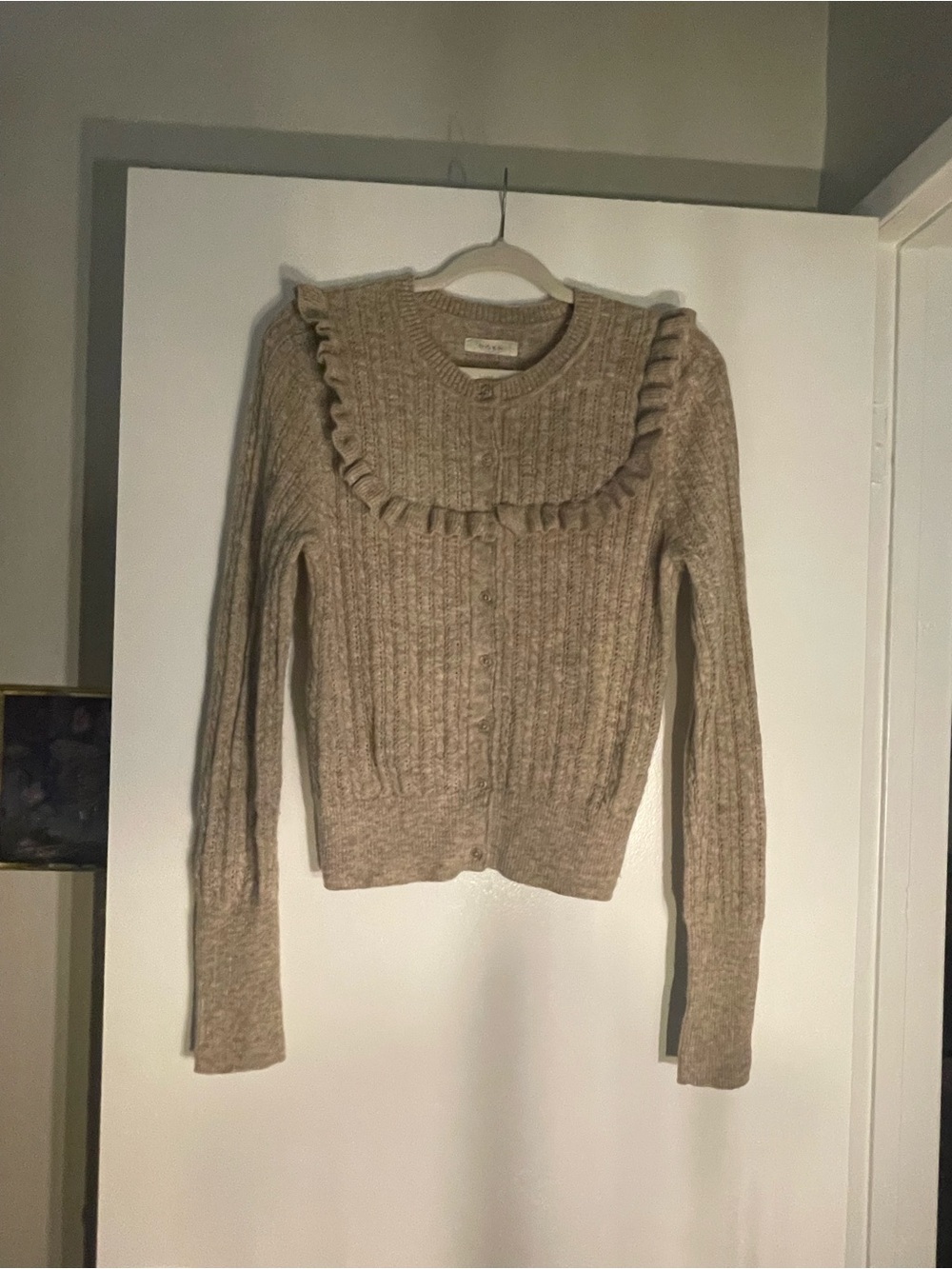 Doen Ruffle Collar Cable-Knit Cardigan Sweater in baby alpaca blend
